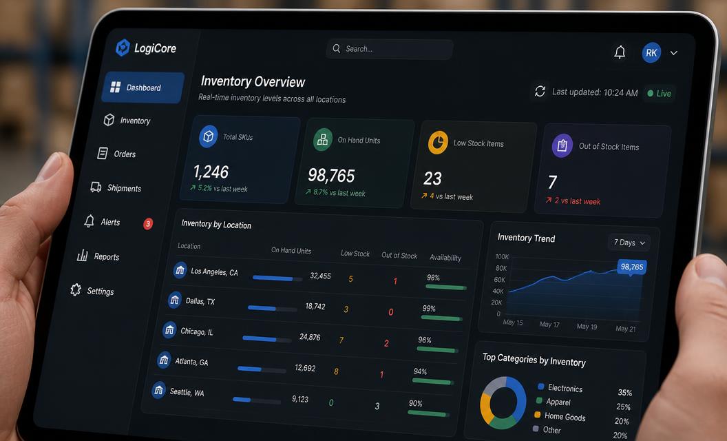 Inventory management dashboard showing real-time stock levels for a PNL Warehouse client